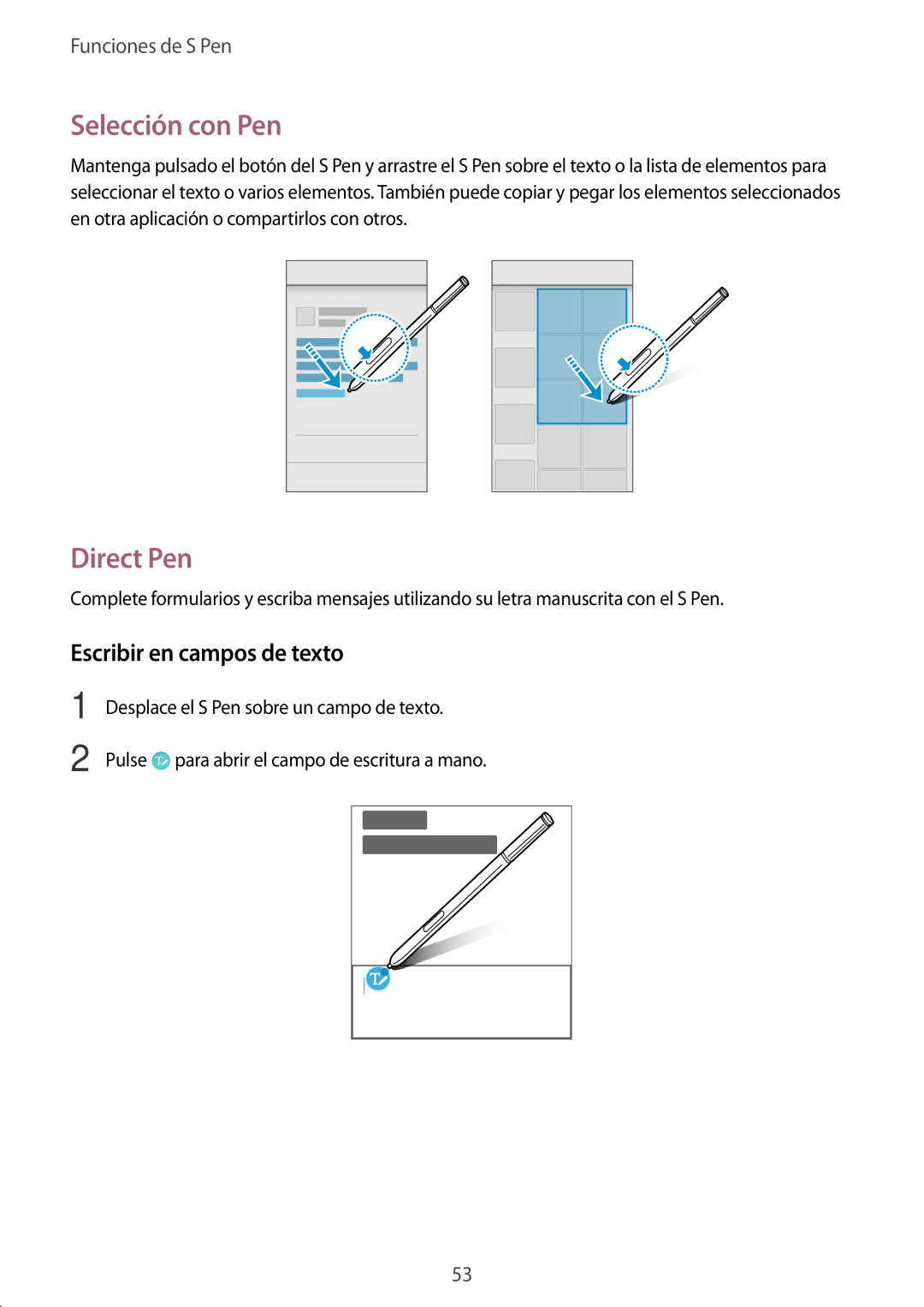 Samsung SM-N910FZIEPHE manual Selección con Pen, Direct Pen, Escribir en campos de texto 