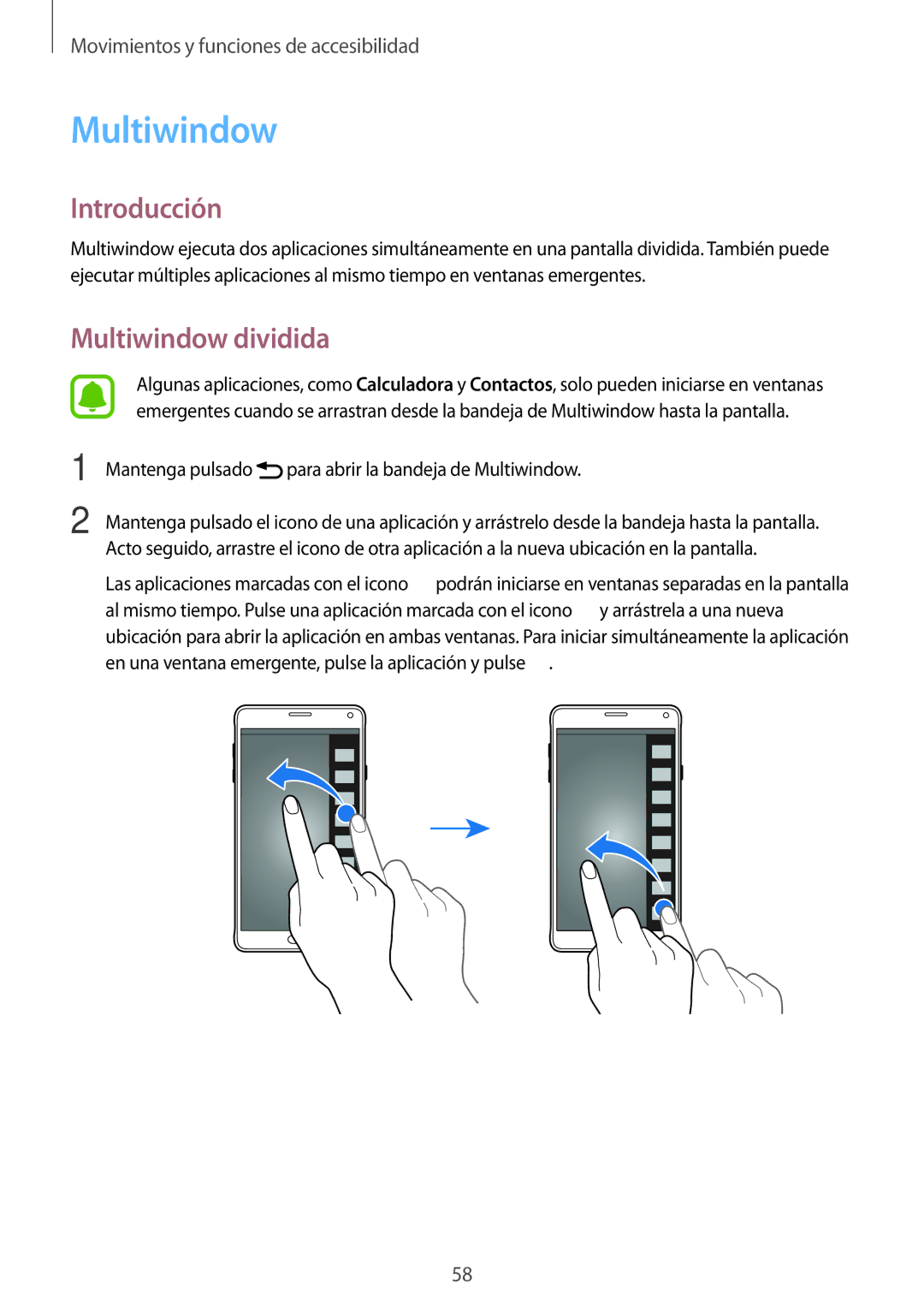 Samsung SM-N910FZIEPHE manual Multiwindow dividida, Mantenga pulsado para abrir la bandeja de Multiwindow 