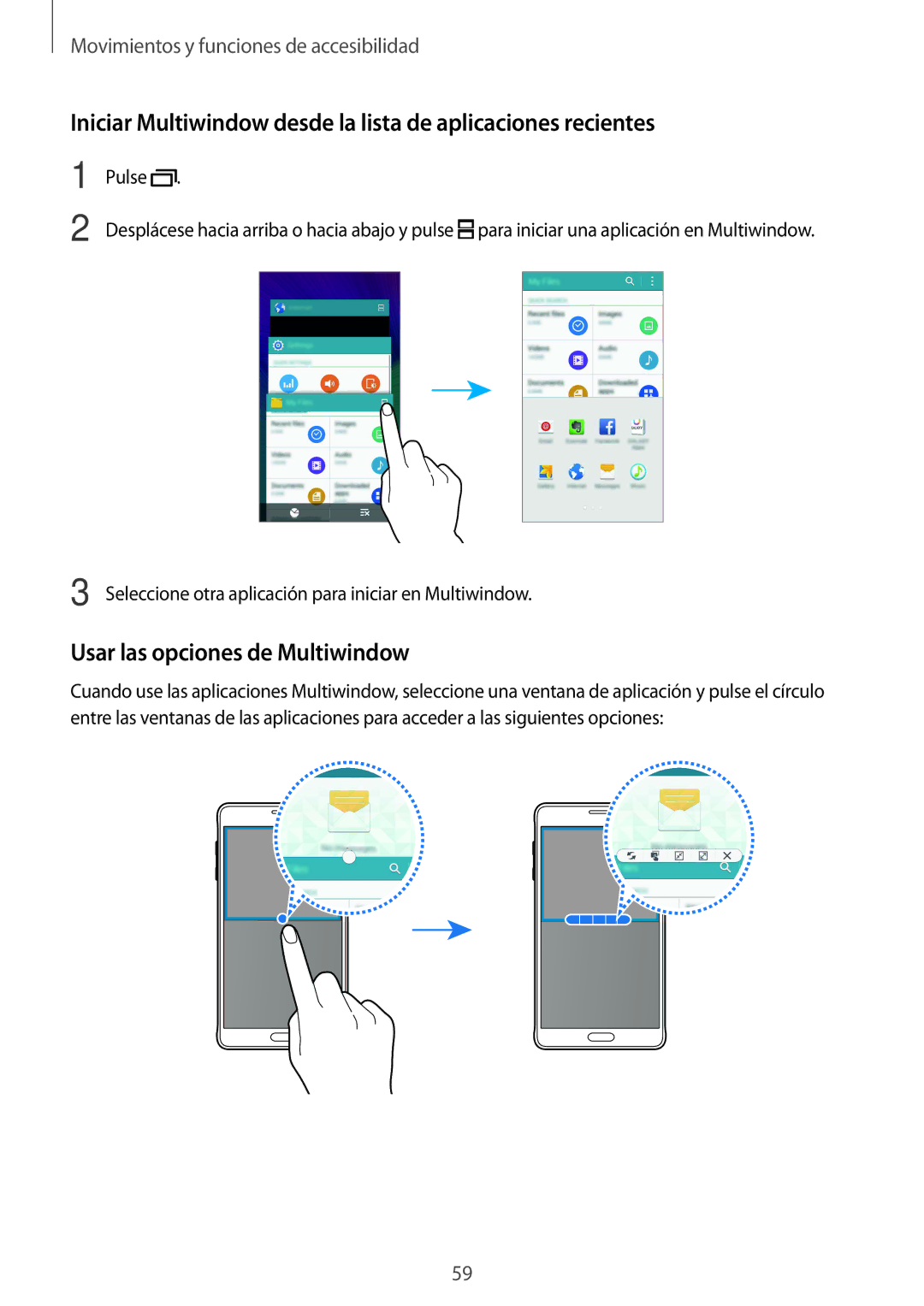 Samsung SM-N910FZIEPHE Iniciar Multiwindow desde la lista de aplicaciones recientes, Usar las opciones de Multiwindow 