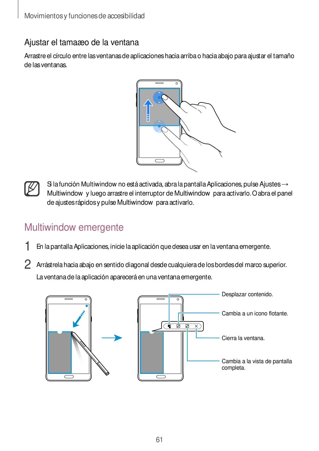 Samsung SM-N910FZIEPHE manual Multiwindow emergente, Ajustar el tamaño de la ventana 