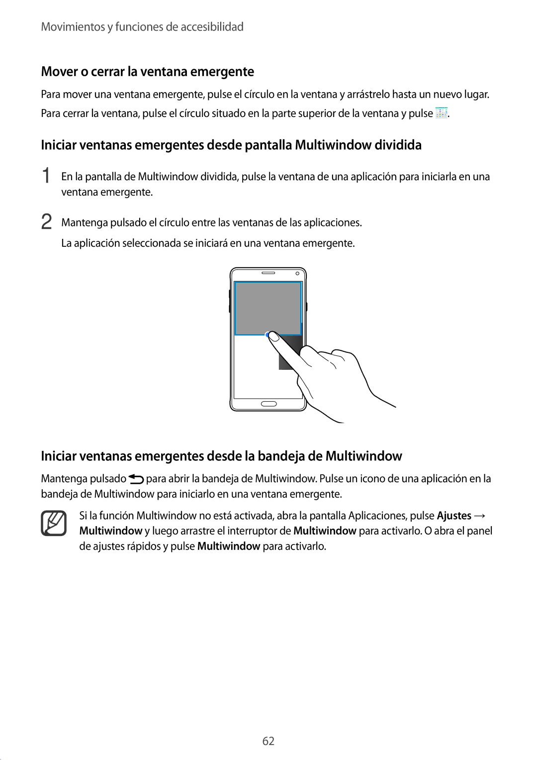 Samsung SM-N910FZIEPHE Mover o cerrar la ventana emergente, Iniciar ventanas emergentes desde la bandeja de Multiwindow 