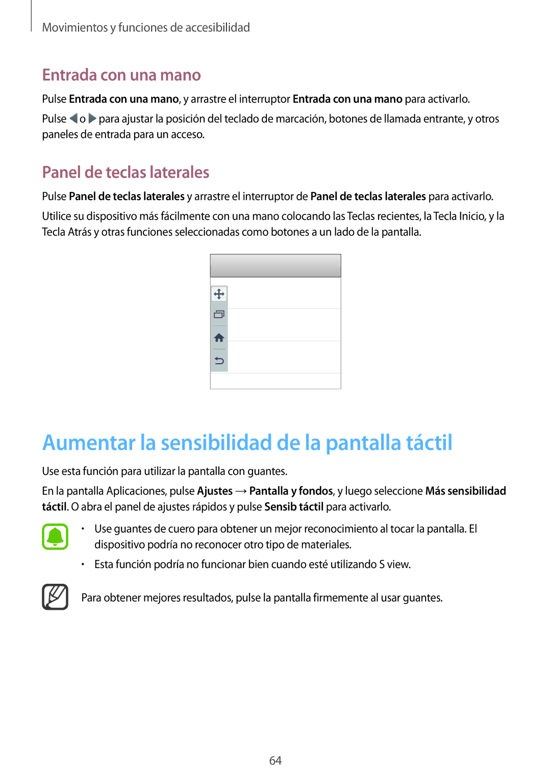 Samsung SM-N910FZIEPHE Aumentar la sensibilidad de la pantalla táctil, Entrada con una mano, Panel de teclas laterales 