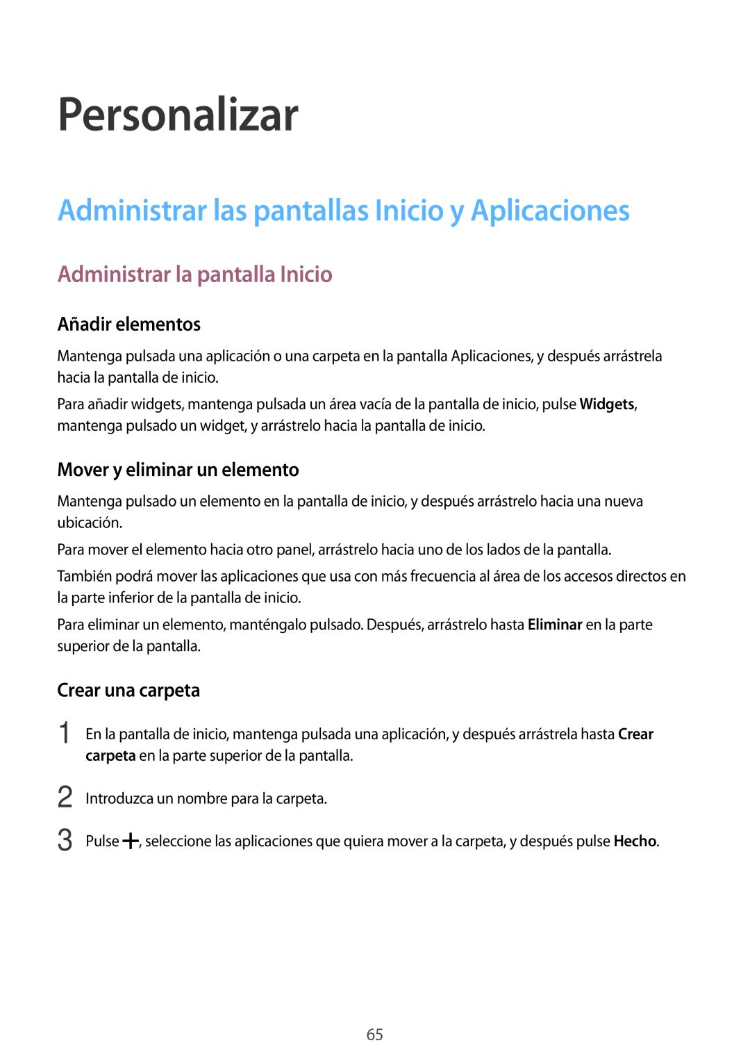 Samsung SM-N910FZIEPHE manual Personalizar, Administrar las pantallas Inicio y Aplicaciones, Administrar la pantalla Inicio 