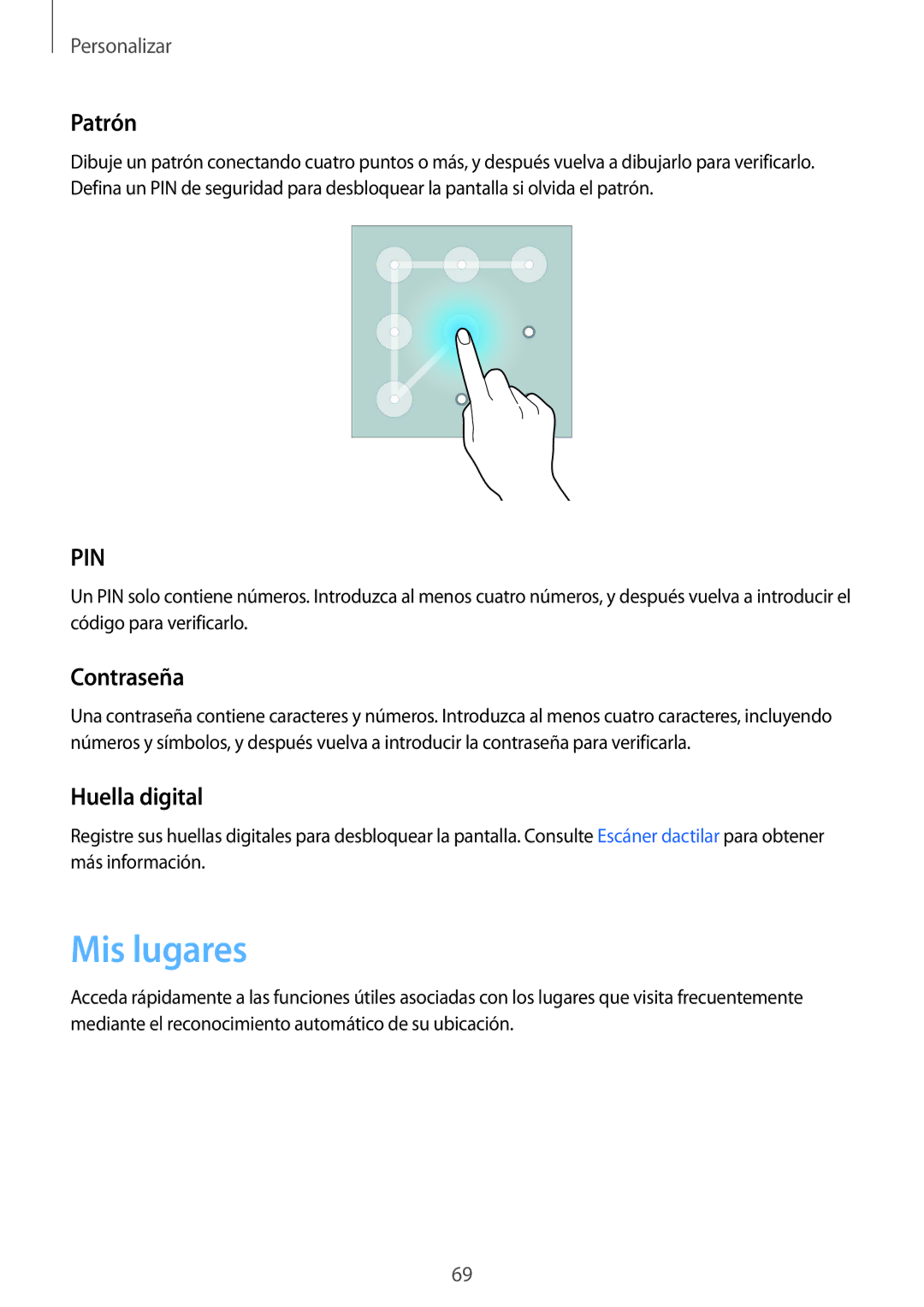 Samsung SM-N910FZIEPHE manual Mis lugares, Patrón, Contraseña, Huella digital 