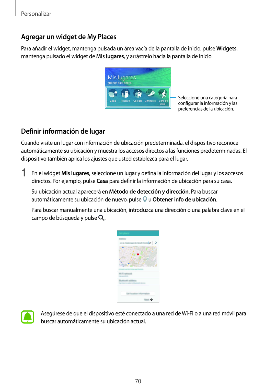 Samsung SM-N910FZIEPHE manual Agregar un widget de My Places, Definir información de lugar 