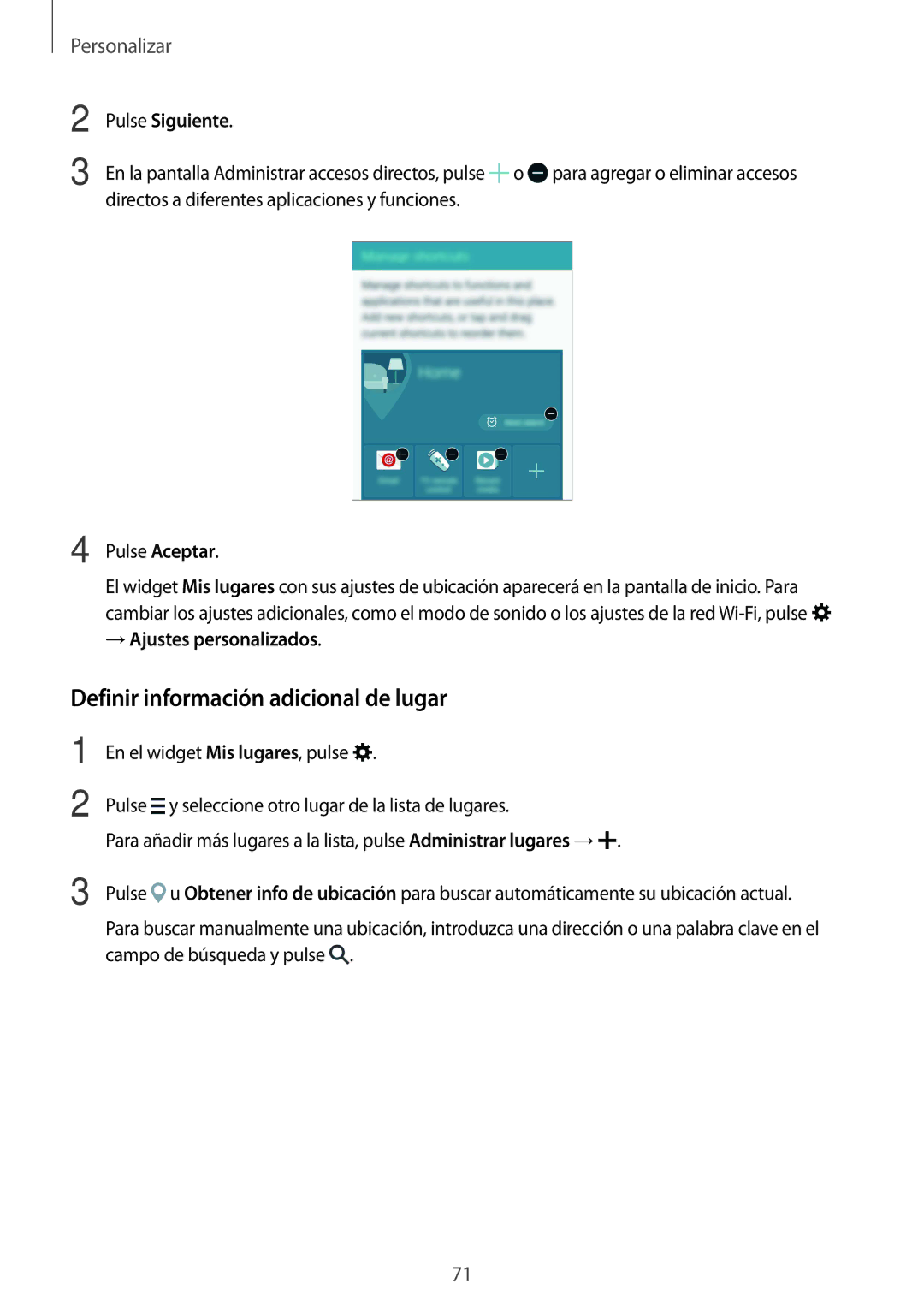 Samsung SM-N910FZIEPHE manual Definir información adicional de lugar, Pulse Siguiente, → Ajustes personalizados 