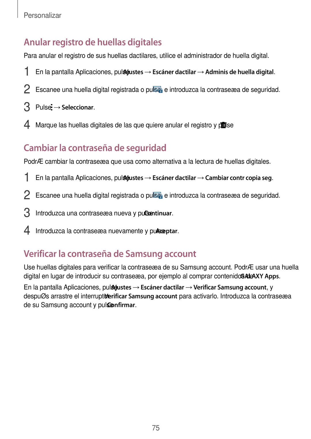 Samsung SM-N910FZIEPHE manual Anular registro de huellas digitales, Cambiar la contraseña de seguridad, Pulse →Seleccionar 