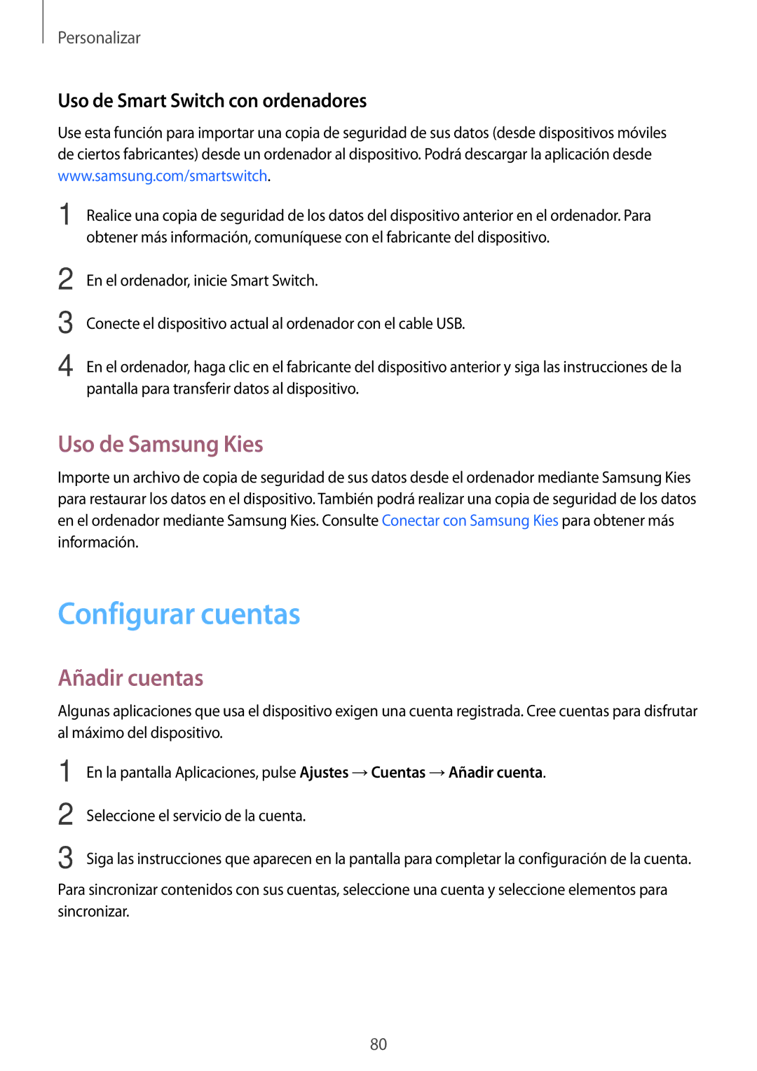 Samsung SM-N910FZIEPHE manual Configurar cuentas, Uso de Samsung Kies, Añadir cuentas, Uso de Smart Switch con ordenadores 