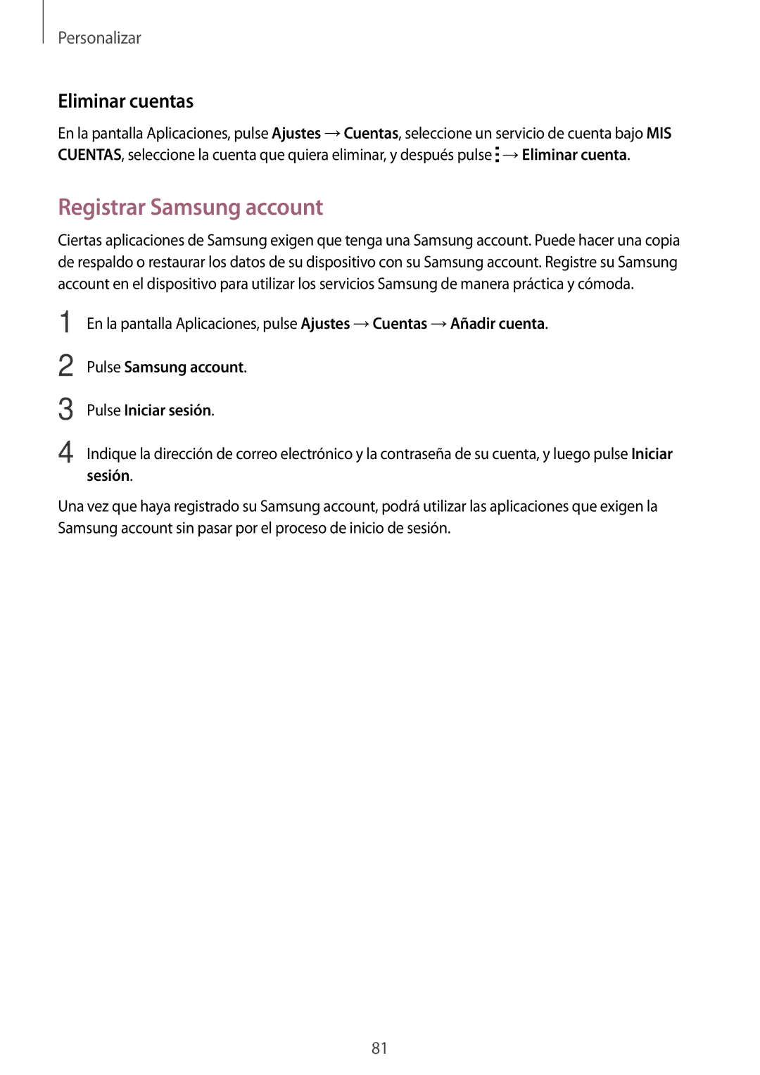 Samsung SM-N910FZIEPHE Registrar Samsung account, Eliminar cuentas, Pulse Samsung account Pulse Iniciar sesión, Sesión 