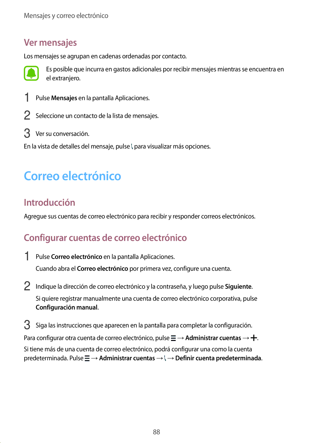 Samsung SM-N910FZIEPHE Correo electrónico, Ver mensajes, Configurar cuentas de correo electrónico, Configuración manual 