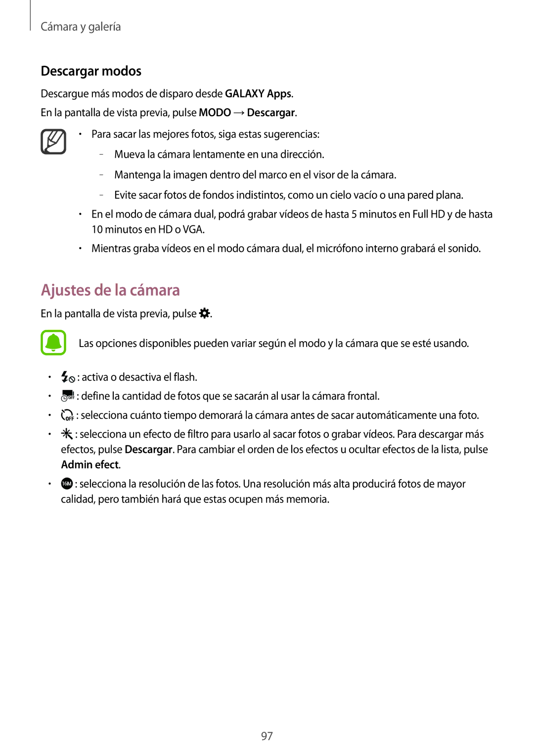 Samsung SM-N910FZIEPHE manual Ajustes de la cámara, Descargar modos 