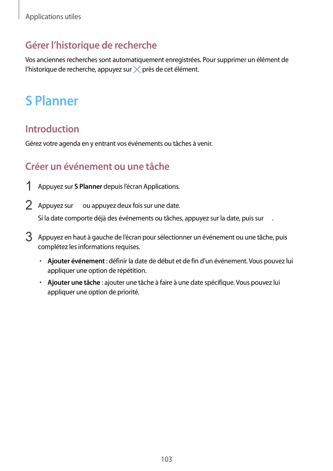 Samsung SM-N910FZIEXEF, SM-N910FZKEXEF manual Planner, Gérer l’historique de recherche, Créer un événement ou une tâche 