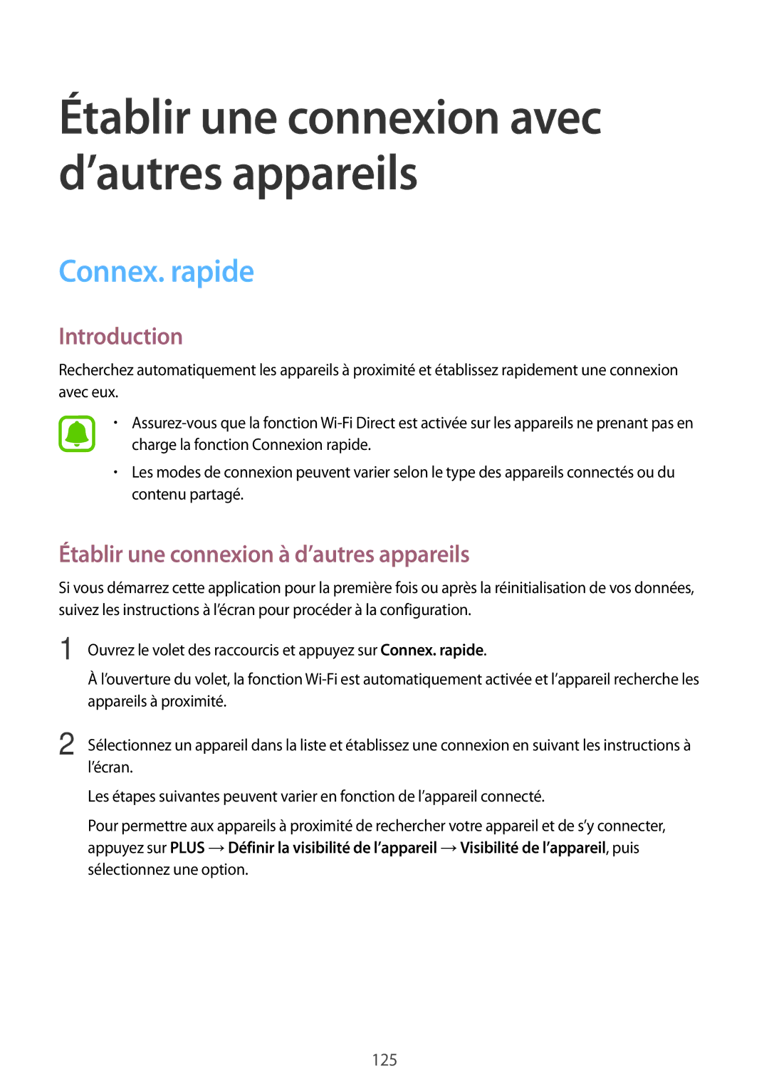 Samsung SM-N910FZWEXEF, SM-N910FZKEXEF, SM-N910FZIEXEF manual Connex. rapide, Établir une connexion à d’autres appareils 