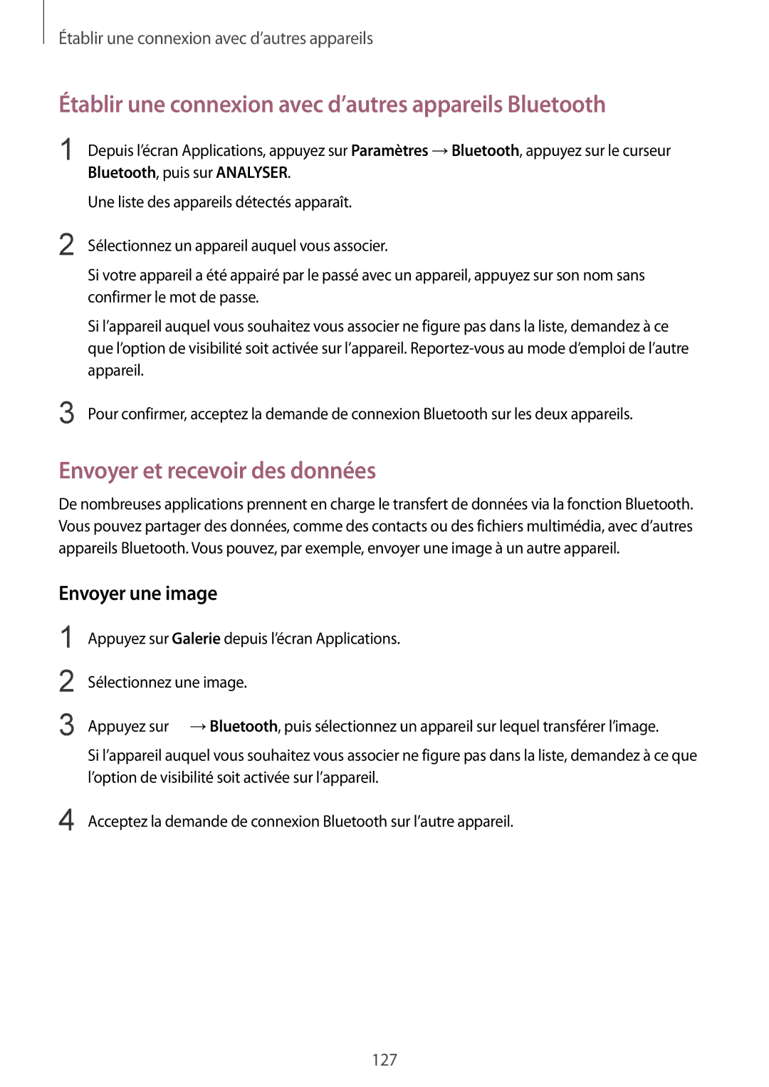 Samsung SM-N910FZIEXEF manual Établir une connexion avec d’autres appareils Bluetooth, Envoyer et recevoir des données 