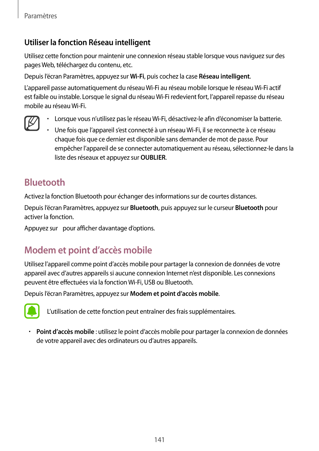 Samsung SM-N910FZKEXEF, SM-N910FZIEXEF Bluetooth, Modem et point d’accès mobile, Utiliser la fonction Réseau intelligent 