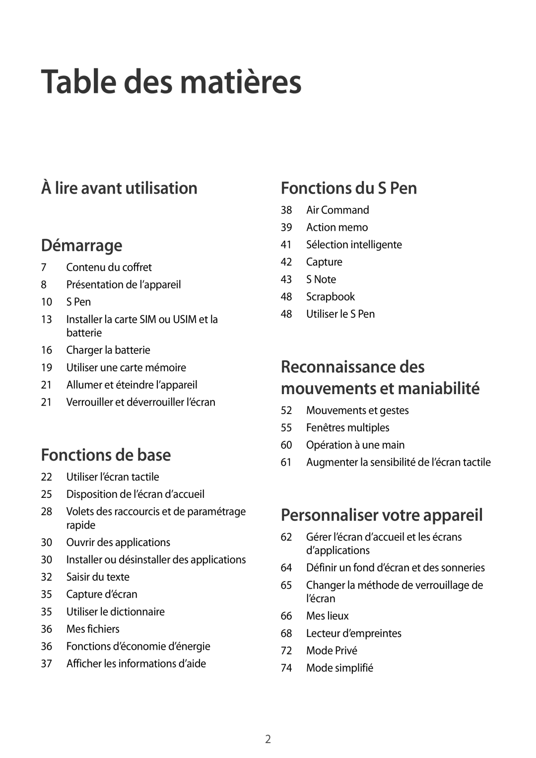 Samsung SM-N910FZWEXEF, SM-N910FZKEXEF, SM-N910FZIEXEF manual Table des matières, Lire avant utilisation Démarrage 