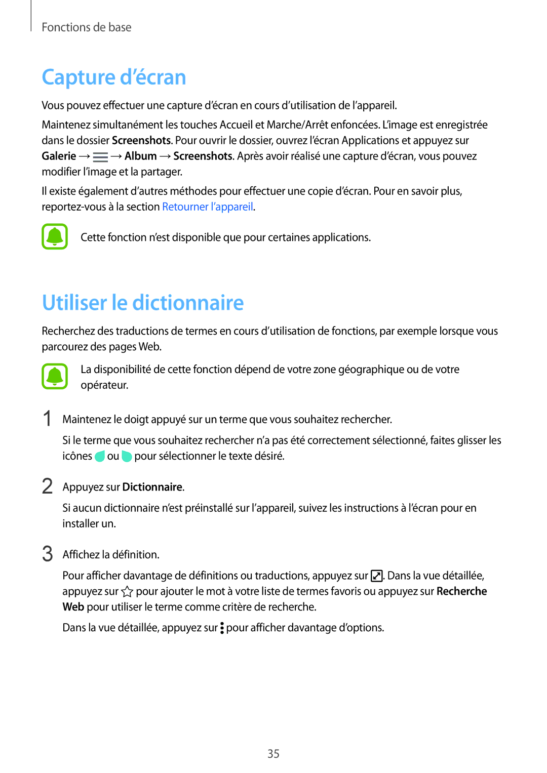 Samsung SM-N910FZWEXEF, SM-N910FZKEXEF, SM-N910FZIEXEF manual Capture d’écran, Utiliser le dictionnaire 