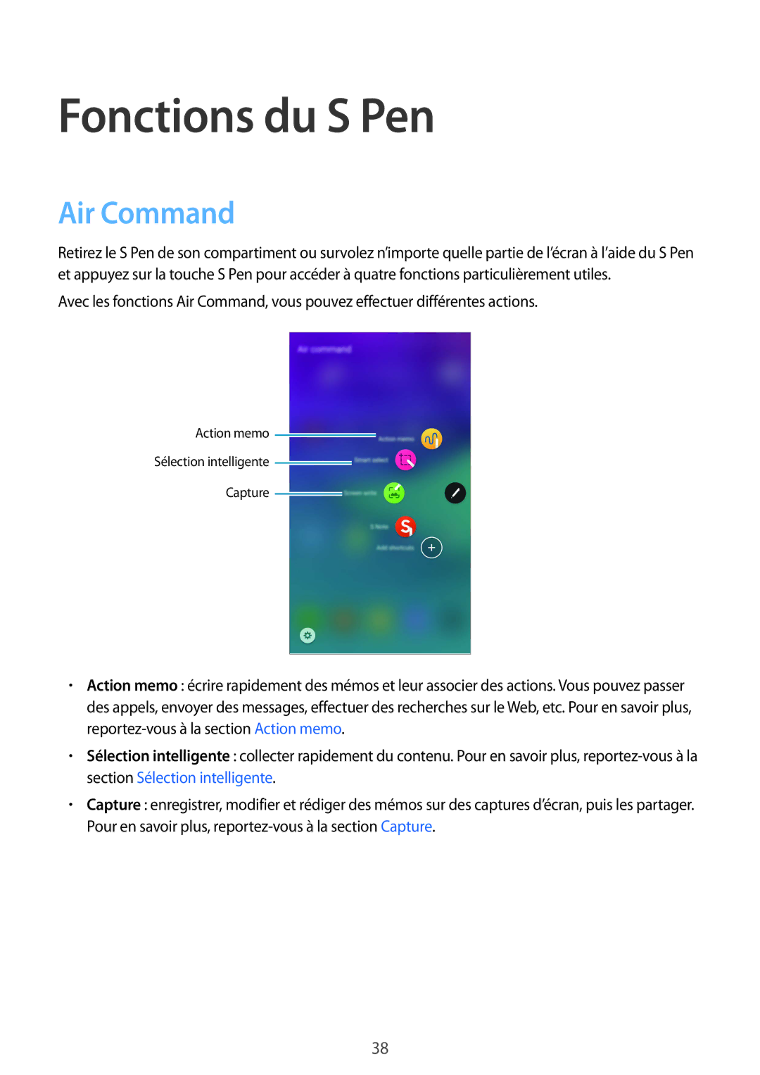 Samsung SM-N910FZWEXEF, SM-N910FZKEXEF, SM-N910FZIEXEF manual Fonctions du S Pen, Air Command 
