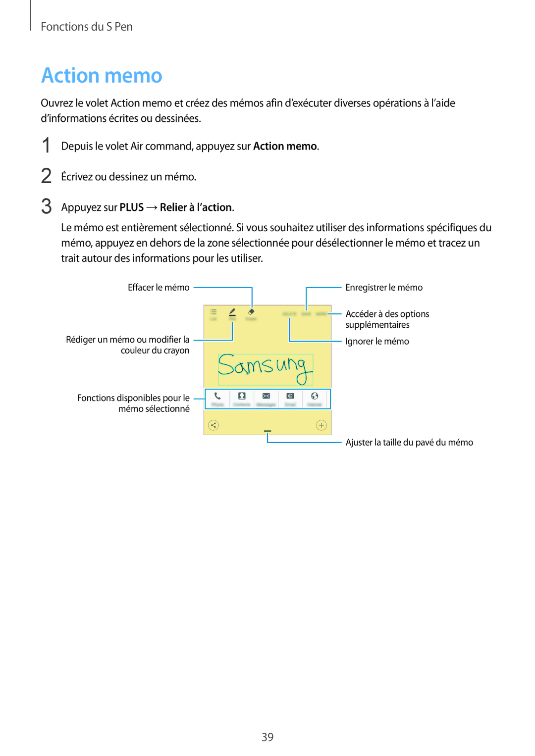 Samsung SM-N910FZKEXEF, SM-N910FZIEXEF, SM-N910FZWEXEF manual Action memo, Appuyez sur Plus →Relier à l’action 