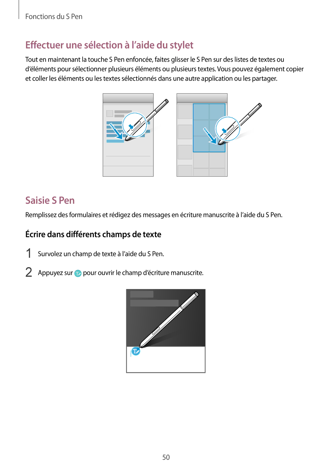 Samsung SM-N910FZWEXEF Effectuer une sélection à l’aide du stylet, Saisie S Pen, Écrire dans différents champs de texte 