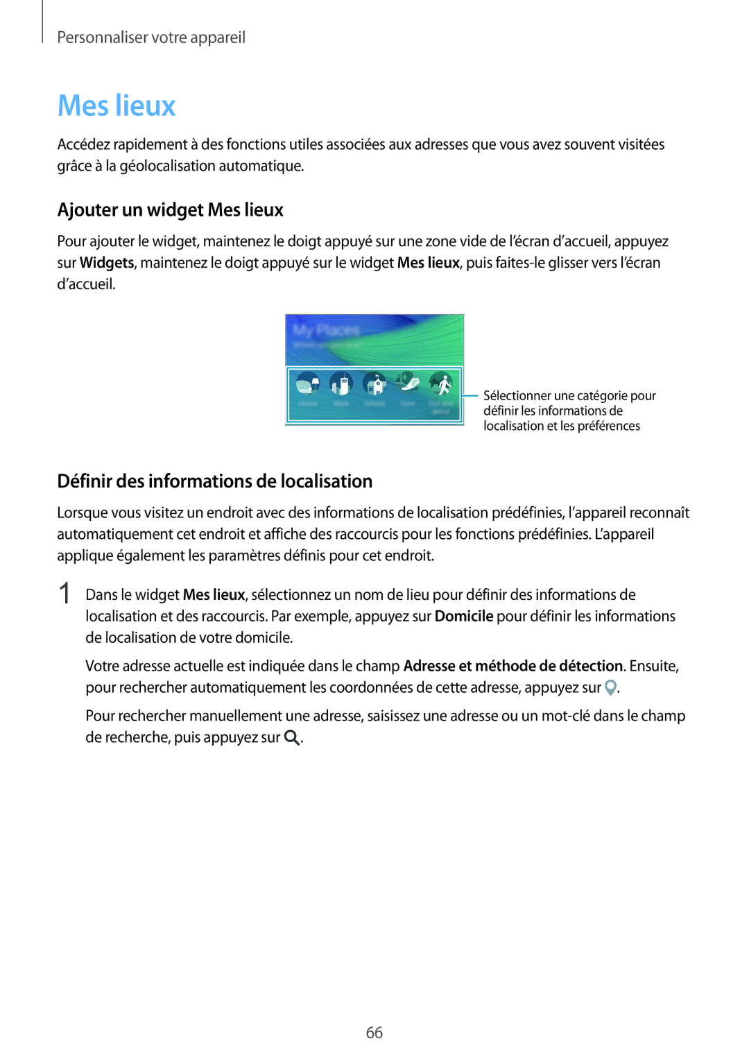 Samsung SM-N910FZKEXEF, SM-N910FZIEXEF manual Ajouter un widget Mes lieux, Définir des informations de localisation 