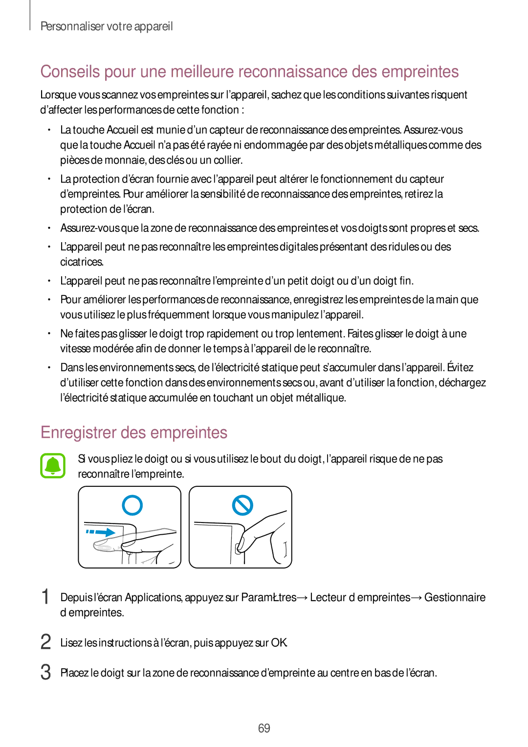 Samsung SM-N910FZKEXEF manual Conseils pour une meilleure reconnaissance des empreintes, Enregistrer des empreintes 