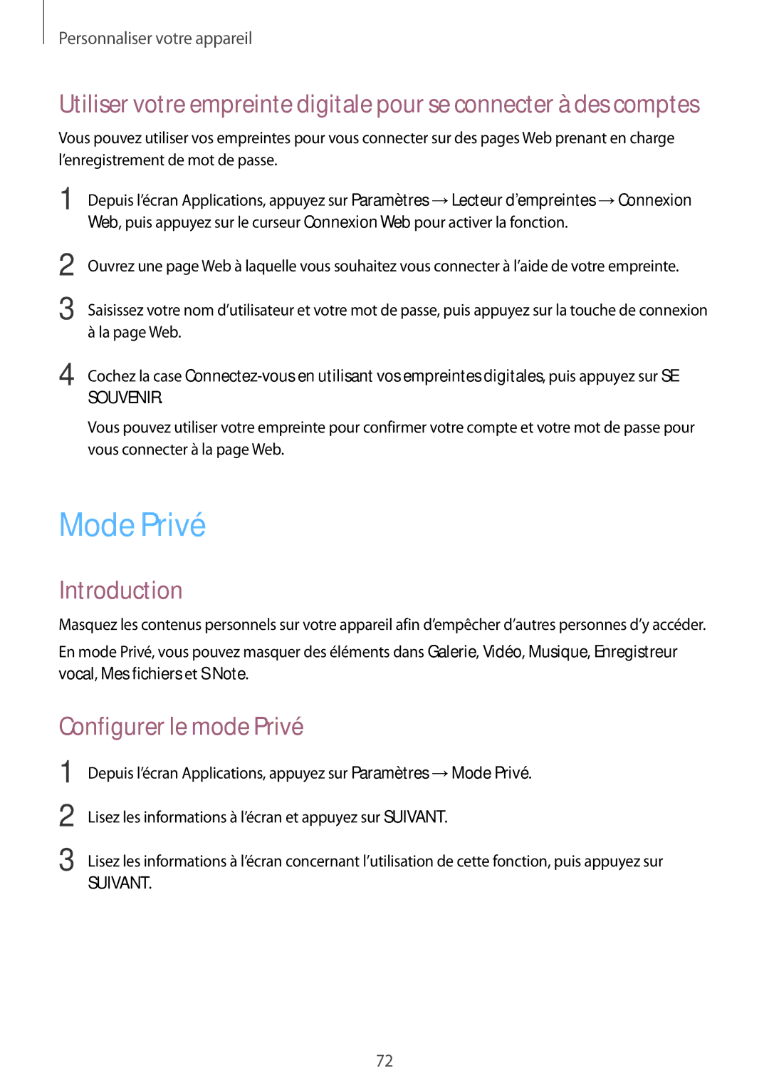 Samsung SM-N910FZKEXEF, SM-N910FZIEXEF, SM-N910FZWEXEF manual Mode Privé, Configurer le mode Privé 