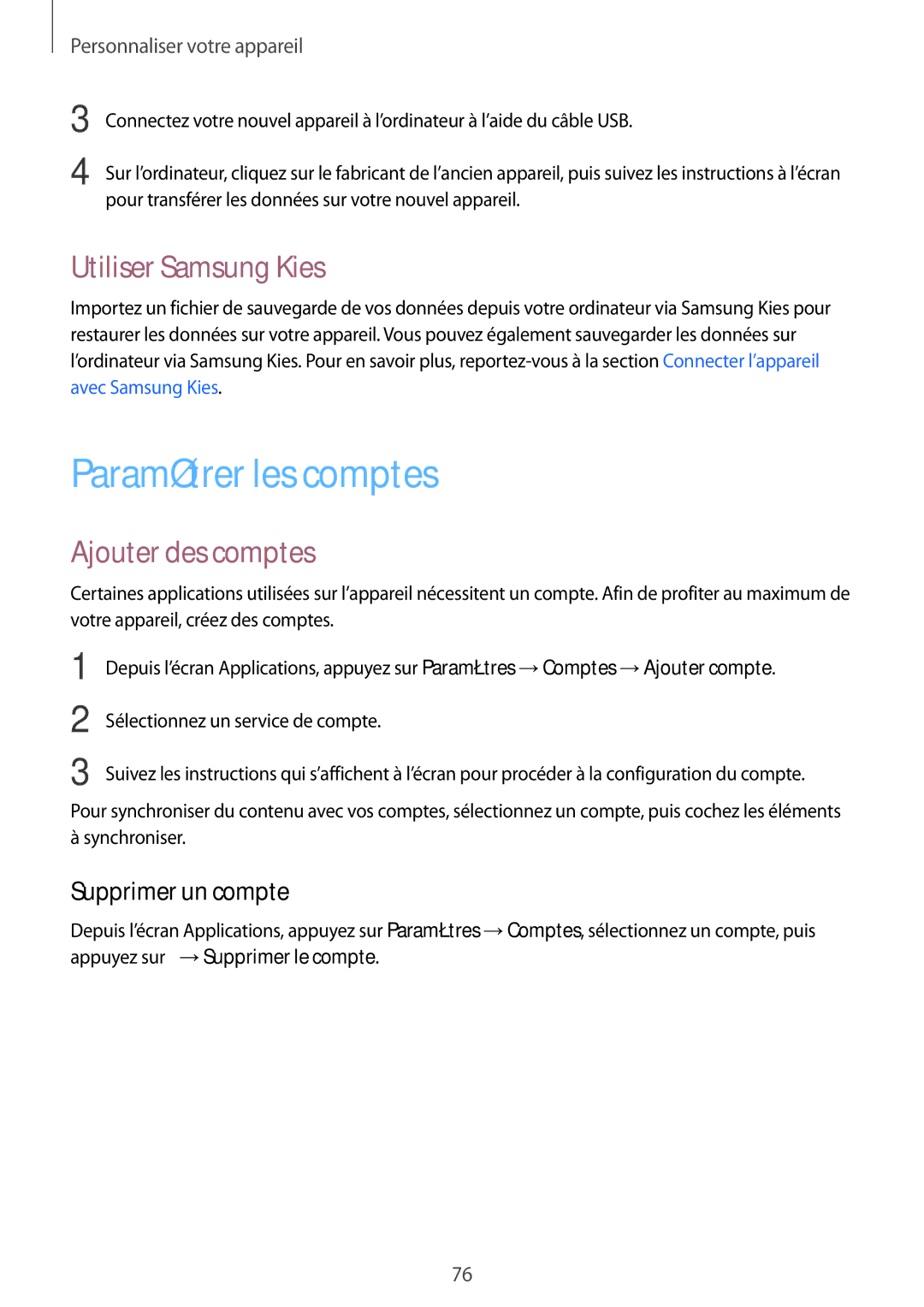 Samsung SM-N910FZIEXEF manual Paramétrer les comptes, Utiliser Samsung Kies, Ajouter des comptes, Supprimer un compte 