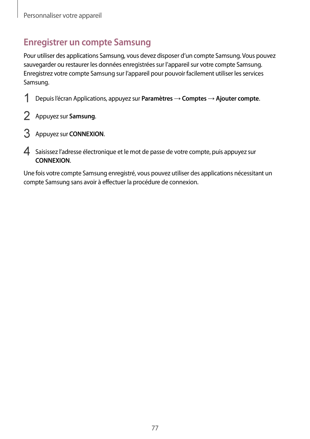 Samsung SM-N910FZWEXEF, SM-N910FZKEXEF, SM-N910FZIEXEF manual Enregistrer un compte Samsung, Connexion 