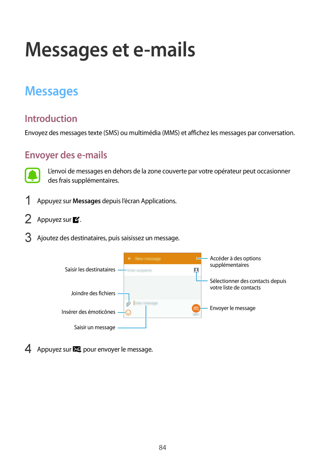 Samsung SM-N910FZKEXEF, SM-N910FZIEXEF, SM-N910FZWEXEF manual Messages et e-mails, Envoyer des e-mails 