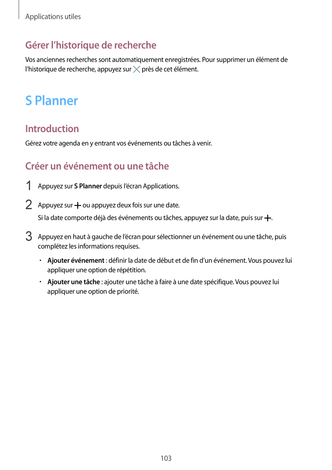 Samsung SM-N910FZIEXEF, SM-N910FZKEXEF manual Planner, Gérer l’historique de recherche, Créer un événement ou une tâche 