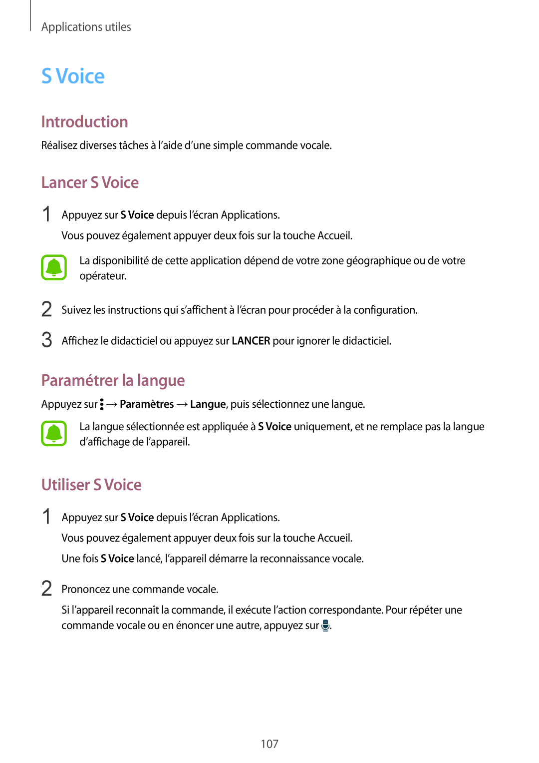 Samsung SM-N910FZWEXEF, SM-N910FZKEXEF, SM-N910FZIEXEF manual Lancer S Voice, Paramétrer la langue, Utiliser S Voice 