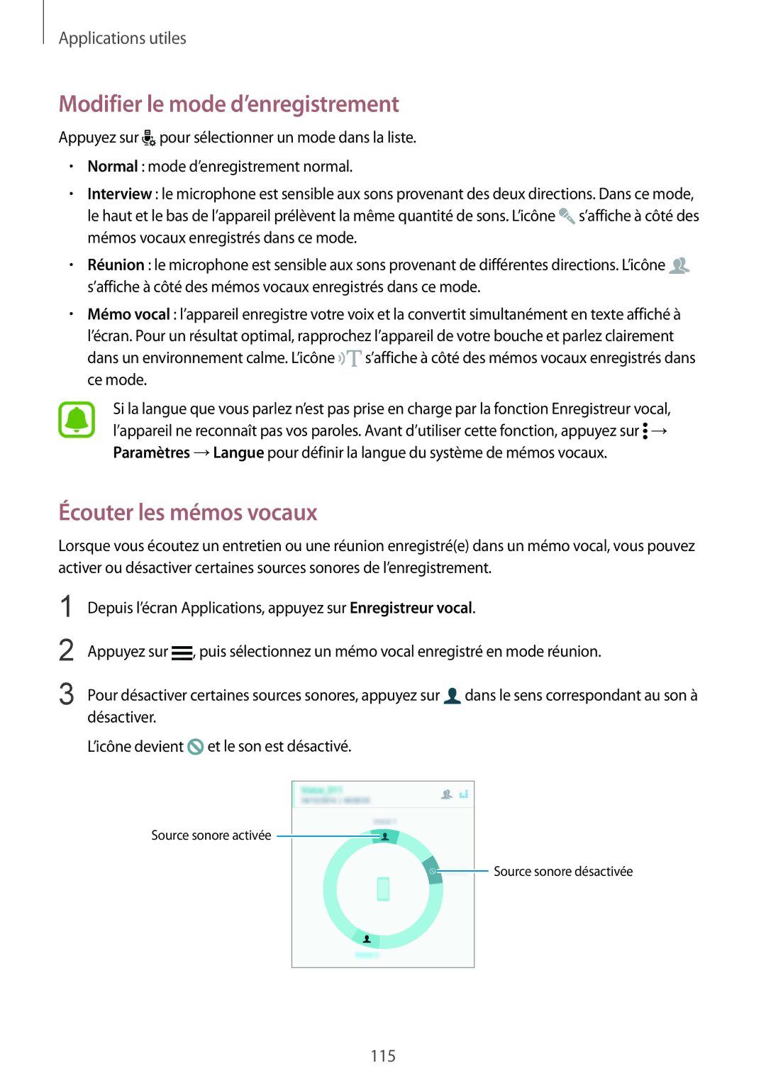 Samsung SM-N910FZIEXEF, SM-N910FZKEXEF, SM-N910FZWEXEF manual Modifier le mode d’enregistrement, Écouter les mémos vocaux 