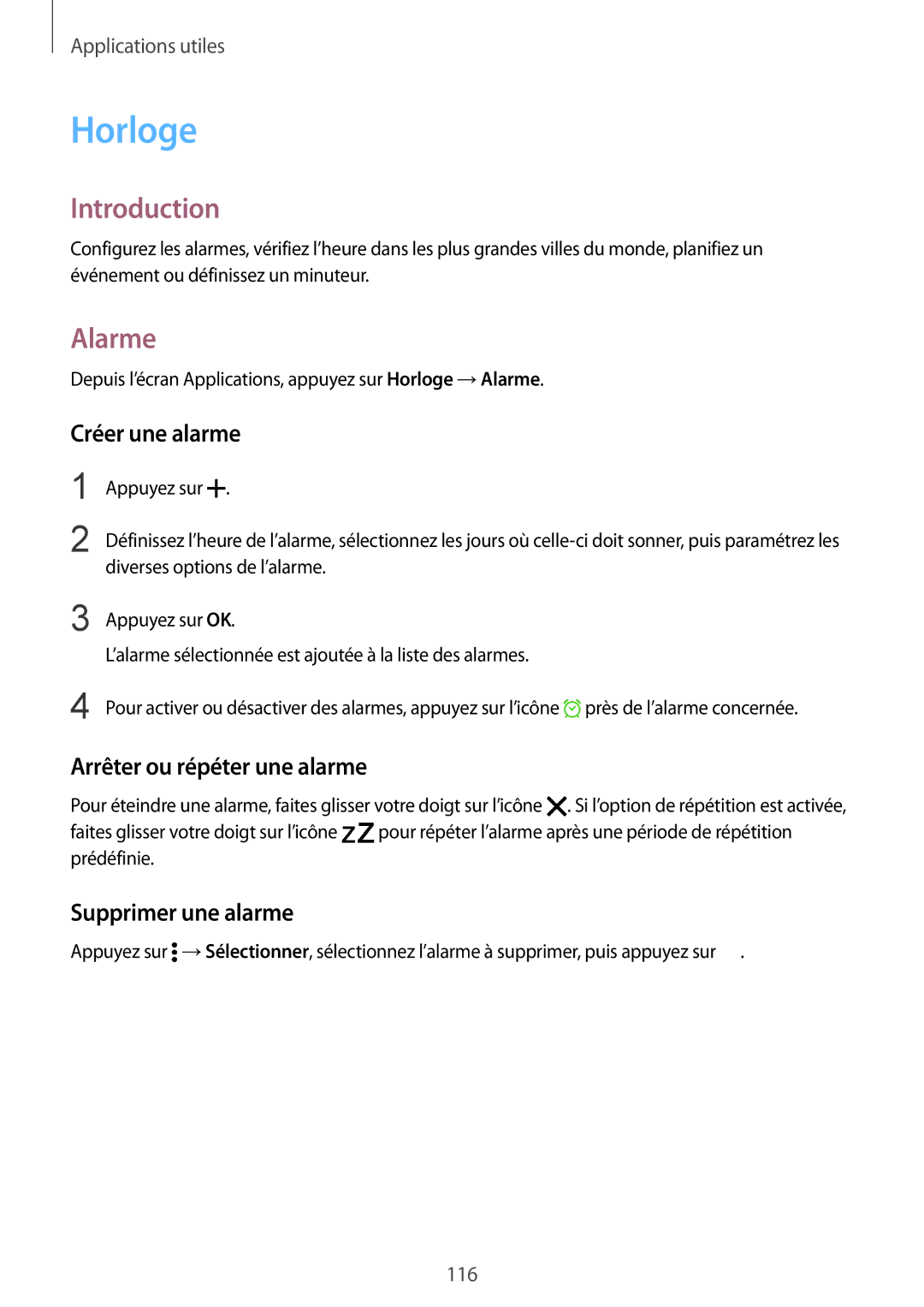 Samsung SM-N910FZWEXEF manual Horloge, Alarme, Créer une alarme, Arrêter ou répéter une alarme, Supprimer une alarme 