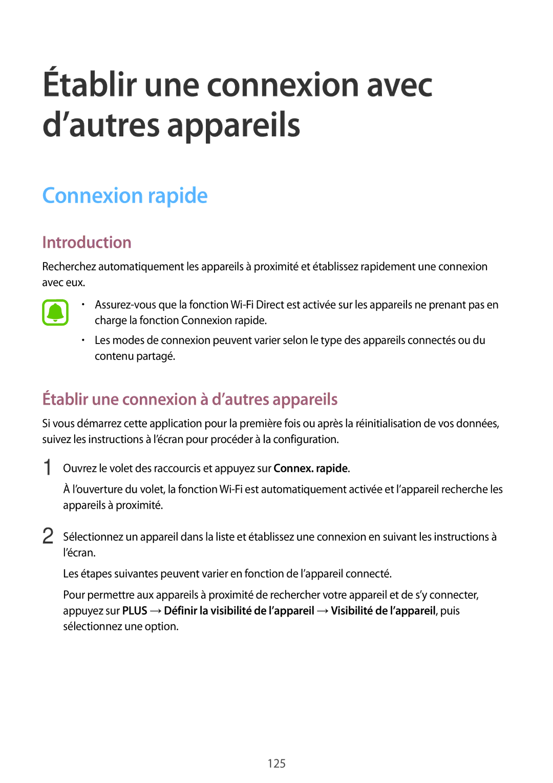 Samsung SM-N910FZWEXEF, SM-N910FZKEXEF, SM-N910FZIEXEF manual Connexion rapide, Établir une connexion à d’autres appareils 