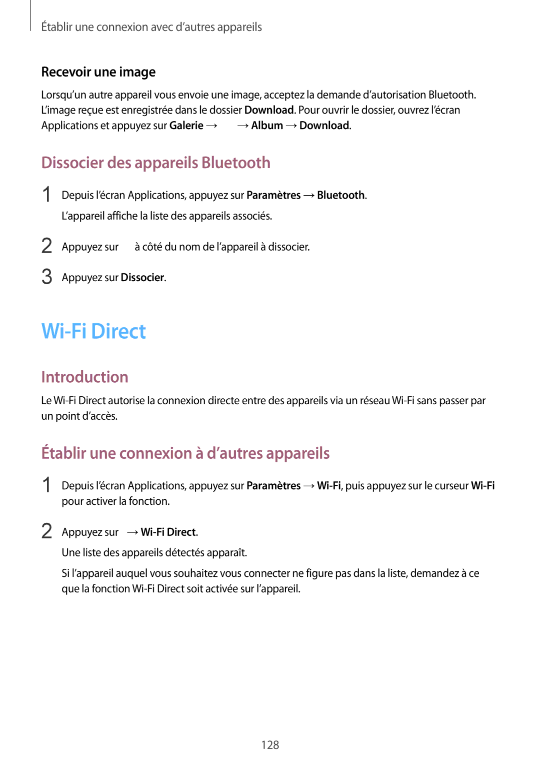 Samsung SM-N910FZWEXEF, SM-N910FZKEXEF, SM-N910FZIEXEF Wi-Fi Direct, Dissocier des appareils Bluetooth, Recevoir une image 