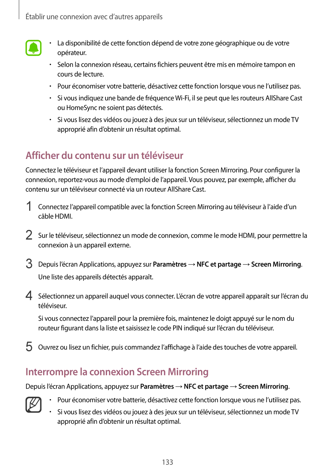 Samsung SM-N910FZIEXEF, SM-N910FZKEXEF Afficher du contenu sur un téléviseur, Interrompre la connexion Screen Mirroring 