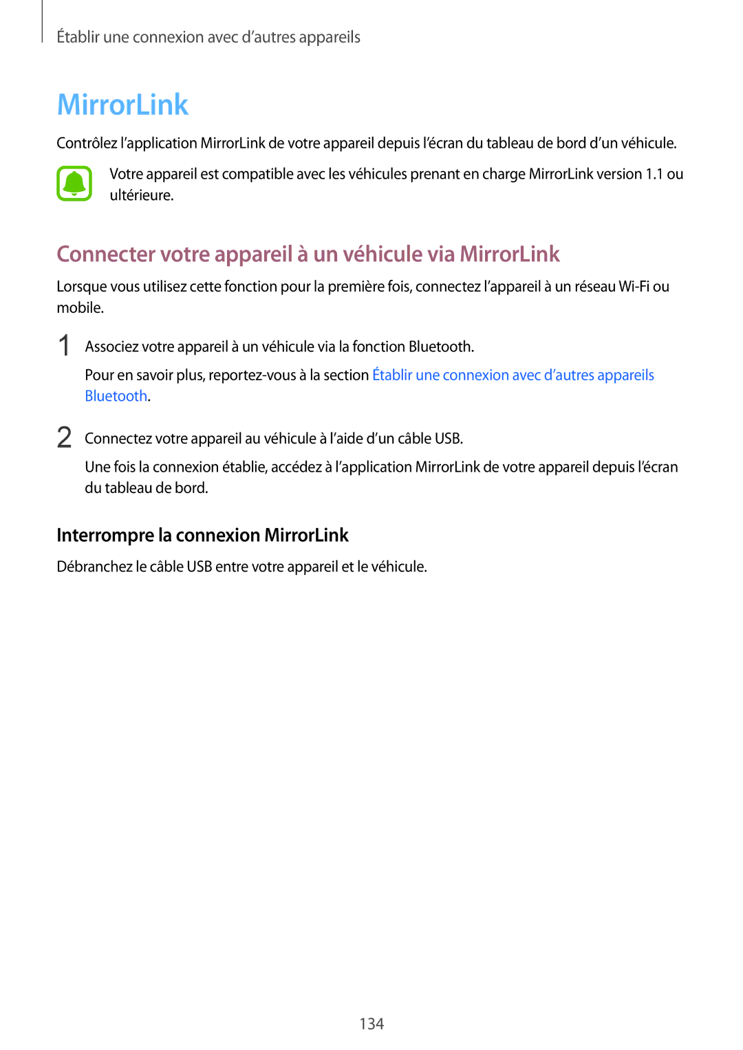 Samsung SM-N910FZWEXEF Connecter votre appareil à un véhicule via MirrorLink, Interrompre la connexion MirrorLink 