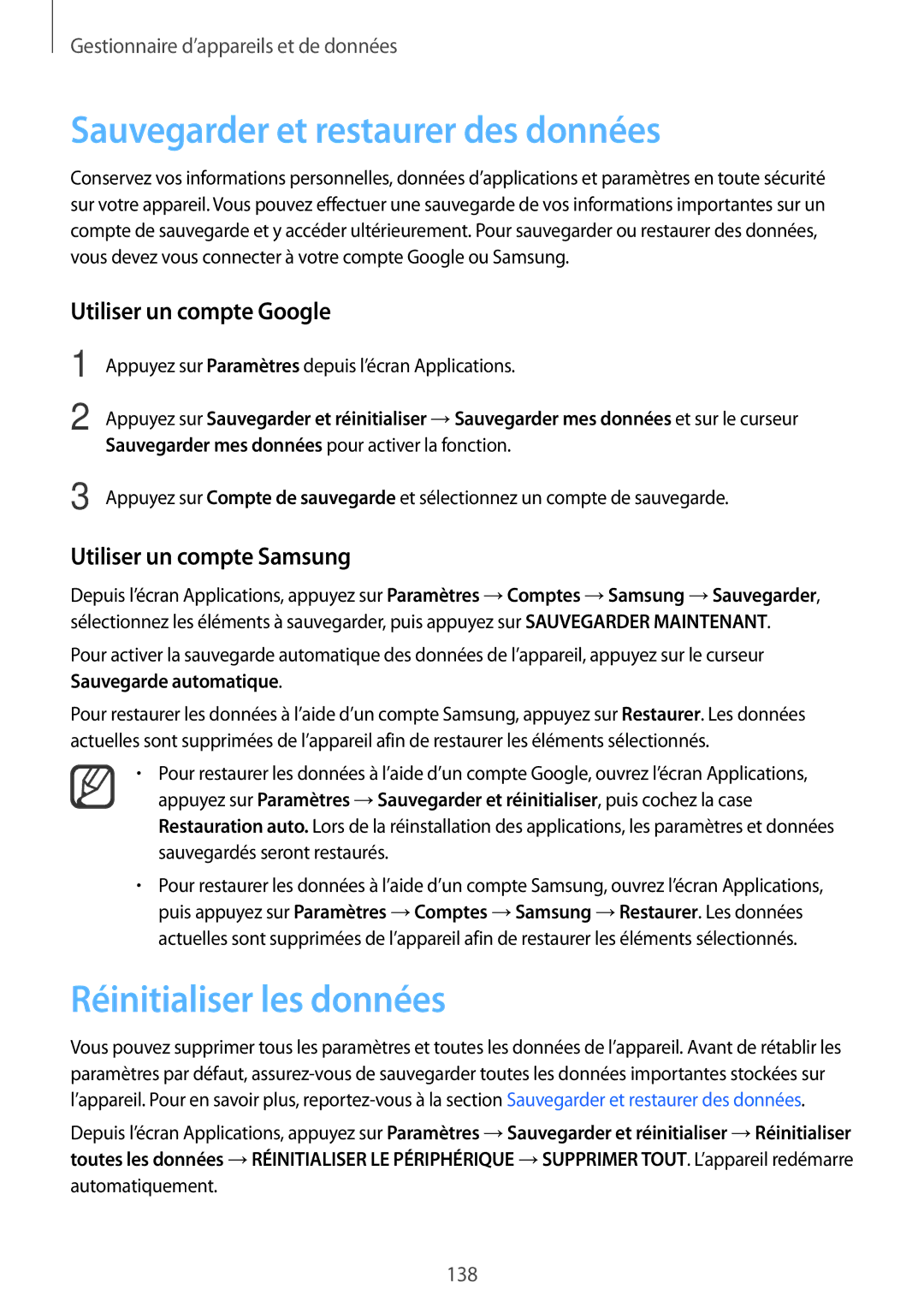 Samsung SM-N910FZKEXEF manual Sauvegarder et restaurer des données, Réinitialiser les données, Utiliser un compte Google 