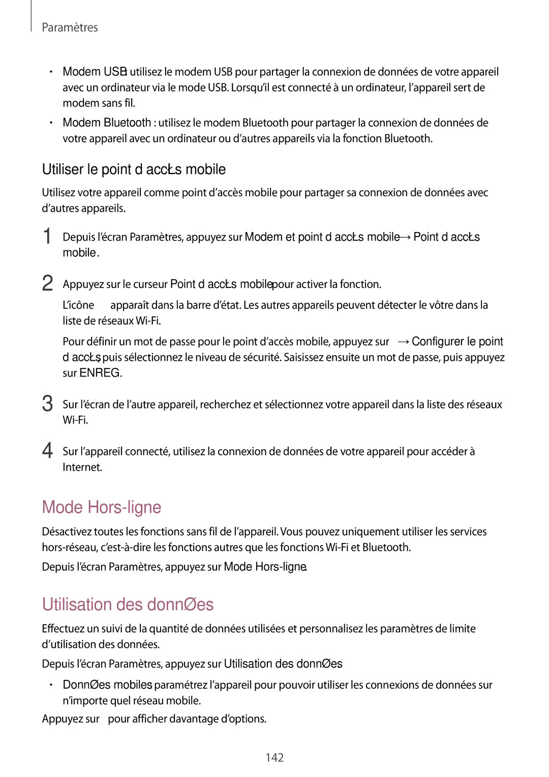 Samsung SM-N910FZIEXEF, SM-N910FZKEXEF manual Mode Hors-ligne, Utilisation des données, Utiliser le point d’accès mobile 