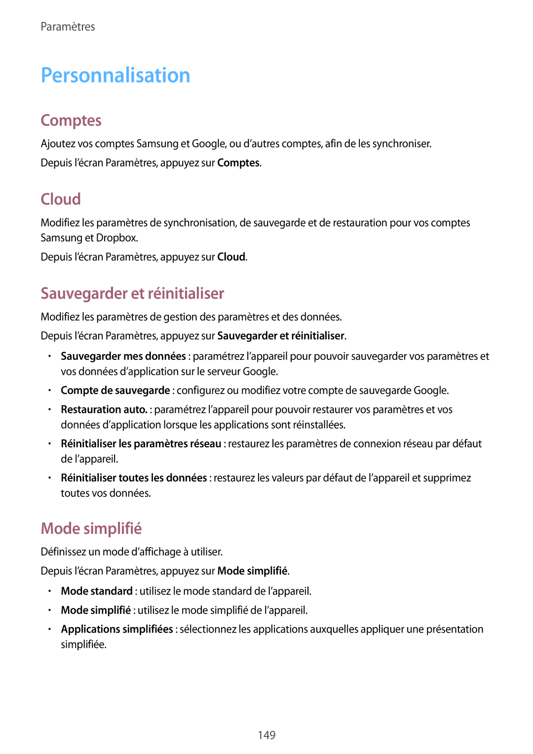 Samsung SM-N910FZWEXEF, SM-N910FZKEXEF manual Personnalisation, Comptes, Cloud, Sauvegarder et réinitialiser, Mode simplifié 