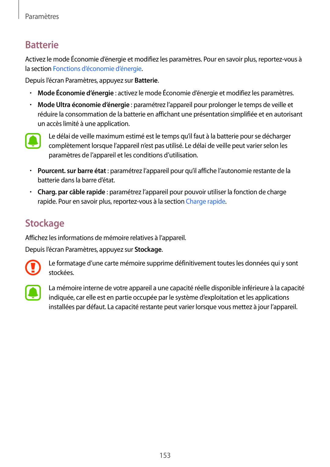 Samsung SM-N910FZKEXEF, SM-N910FZIEXEF, SM-N910FZWEXEF manual Batterie, Stockage 