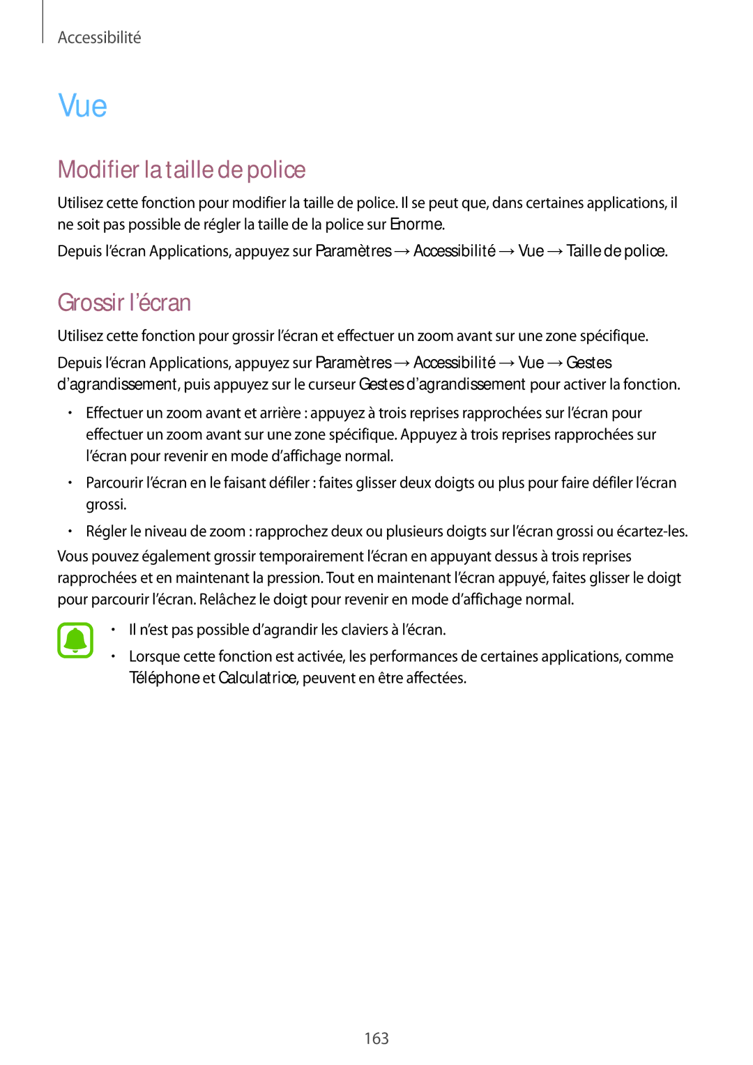 Samsung SM-N910FZIEXEF, SM-N910FZKEXEF, SM-N910FZWEXEF manual Vue, Modifier la taille de police, Grossir l’écran 