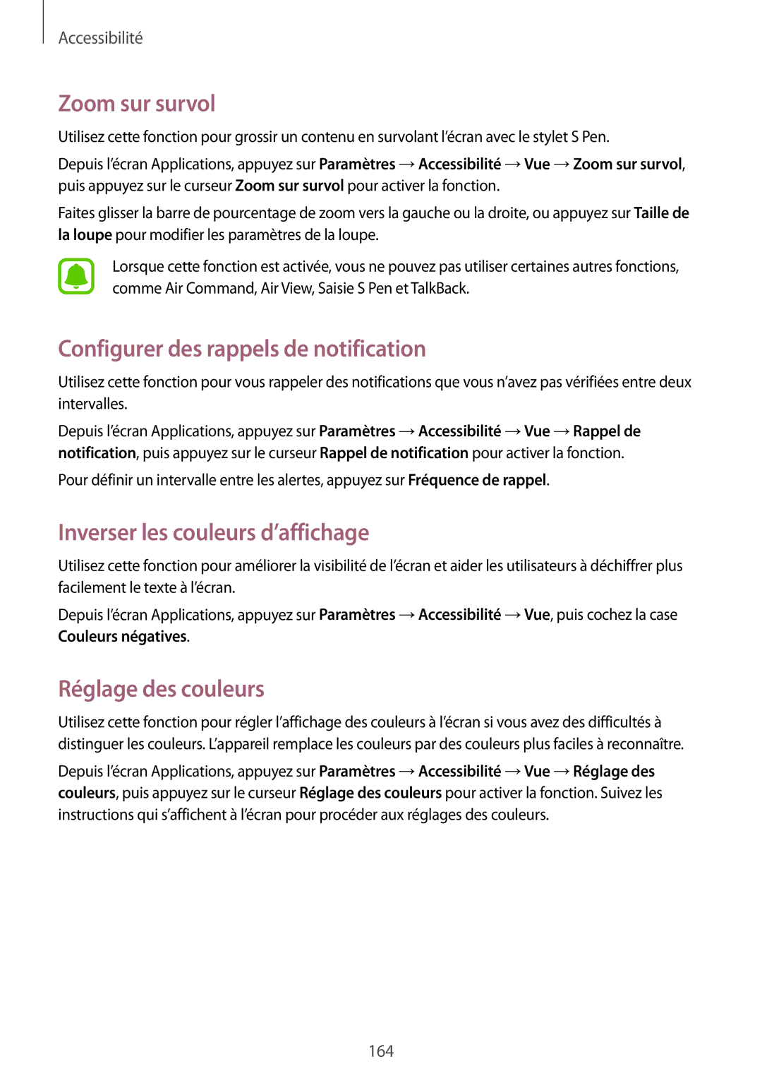 Samsung SM-N910FZWEXEF manual Zoom sur survol, Configurer des rappels de notification, Inverser les couleurs d’affichage 