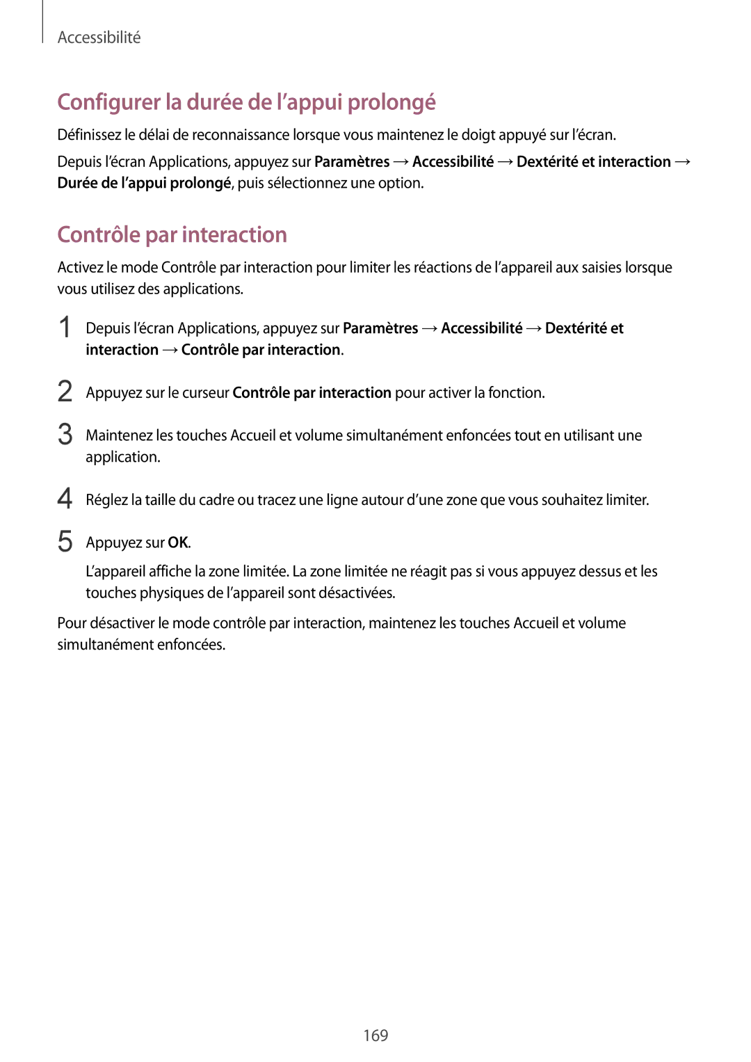 Samsung SM-N910FZIEXEF, SM-N910FZKEXEF, SM-N910FZWEXEF Configurer la durée de l’appui prolongé, Contrôle par interaction 