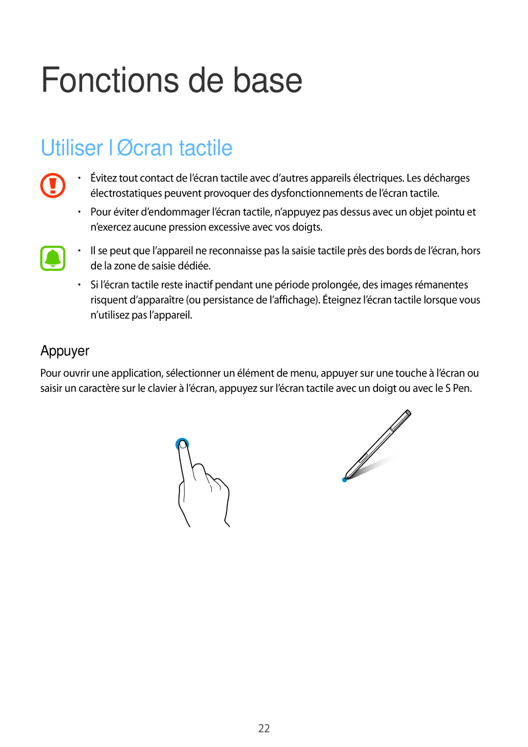 Samsung SM-N910FZIEXEF, SM-N910FZKEXEF, SM-N910FZWEXEF manual Fonctions de base, Utiliser l’écran tactile, Appuyer 