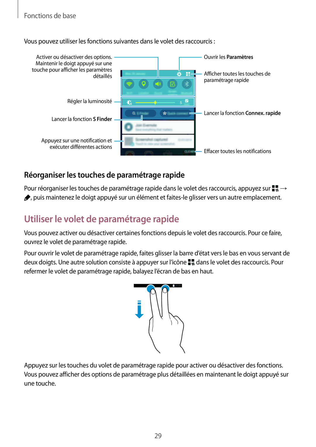 Samsung SM-N910FZWEXEF manual Utiliser le volet de paramétrage rapide, Réorganiser les touches de paramétrage rapide 