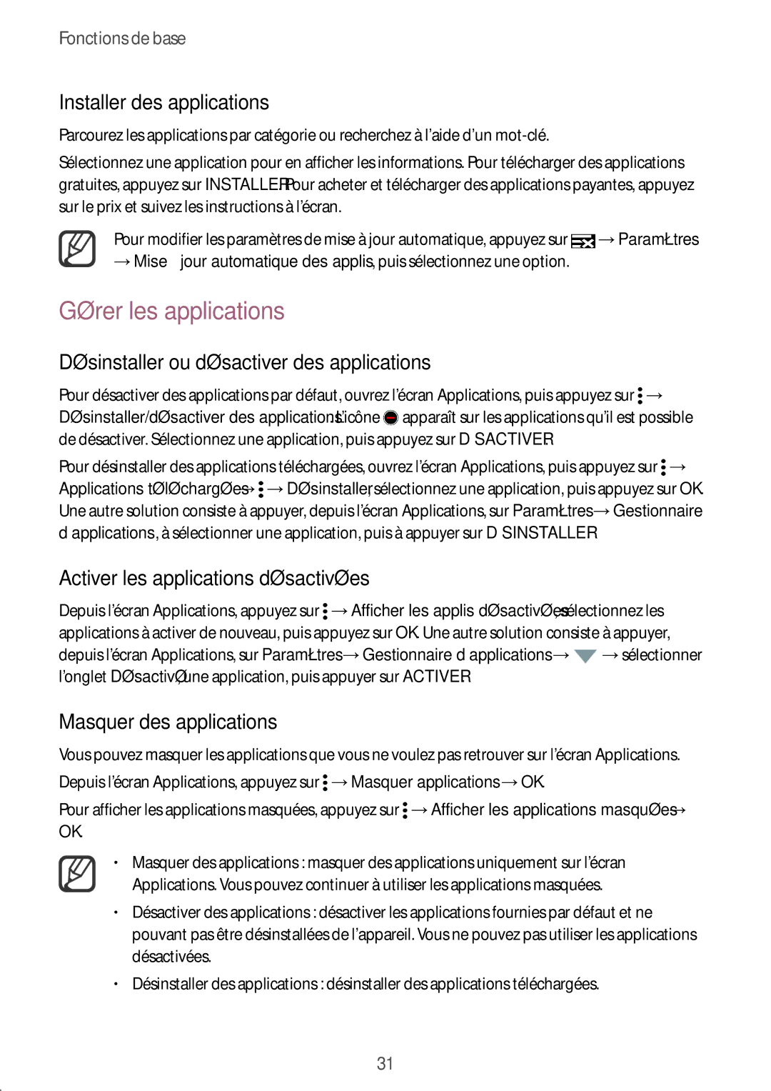 Samsung SM-N910FZIEXEF manual Gérer les applications, Désinstaller ou désactiver des applications, Masquer des applications 