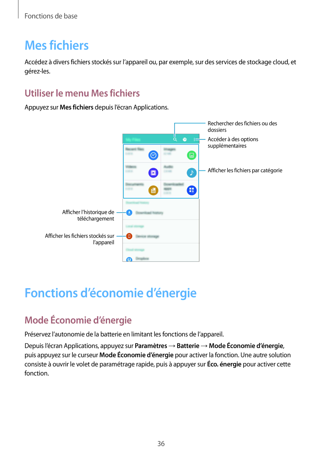 Samsung SM-N910FZKEXEF manual Fonctions d’économie d’énergie, Utiliser le menu Mes fichiers, Mode Économie d’énergie 