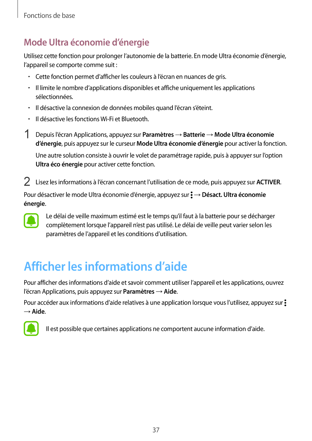 Samsung SM-N910FZIEXEF, SM-N910FZKEXEF, SM-N910FZWEXEF manual Afficher les informations d’aide, Mode Ultra économie d’énergie 